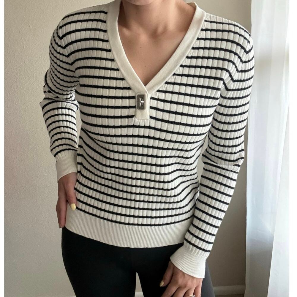 Lauren Ralph Lauren White Black Stripe V-Neck Sweater preppy equestrian nautical